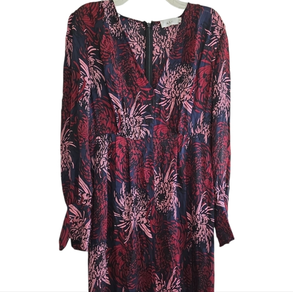 A.L.C. Bailey Print Surplice Silk Slit Midi Dress Navy Pink Anstract Floral 14 - Picture 6 of 14
